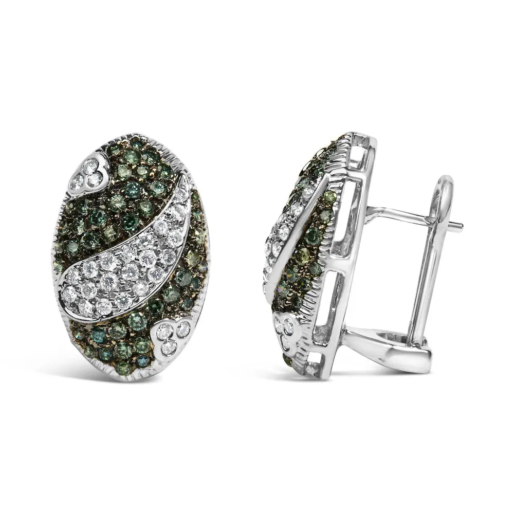 14K White Gold 2.00 Cttw White and Treated Blue Diamond Oval Shield Omega Back Earrings (H-I Color, SI1-SI2 Clarity) - Bijoux-NYC Direct
