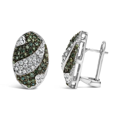 14K White Gold 2.00 Cttw White and Treated Blue Diamond Oval Shield Omega Back Earrings (H-I Color, SI1-SI2 Clarity) - Bijoux-NYC Direct