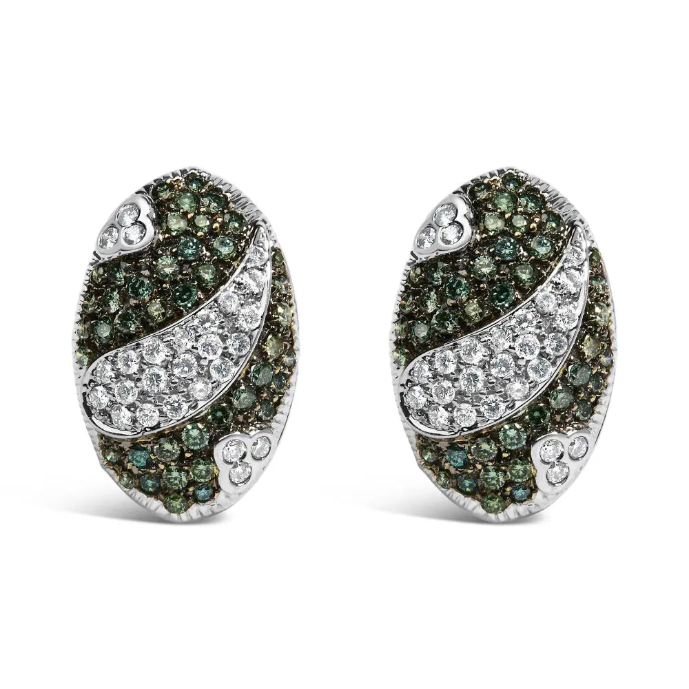 14K White Gold 2.00 Cttw White and Treated Blue Diamond Oval Shield Omega Back Earrings (H-I Color, SI1-SI2 Clarity) - Bijoux-NYC Direct