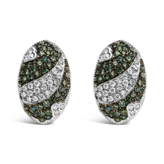 14K White Gold 2.00 Cttw White and Treated Blue Diamond Oval Shield Omega Back Earrings (H-I Color, SI1-SI2 Clarity) - Bijoux-NYC Direct