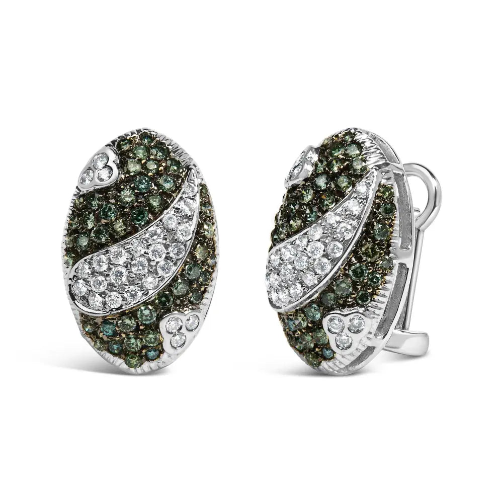 14K White Gold 2.00 Cttw White and Treated Blue Diamond Oval Shield Omega Back Earrings (H-I Color, SI1-SI2 Clarity) - Bijoux-NYC Direct