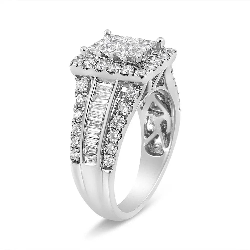 14K White Gold 2.00 Cttw Composite Head with Halo and Side Stones Diamond Ring (H-I Color, SI1-SI2 Clarity) - Bijoux-NYC Direct