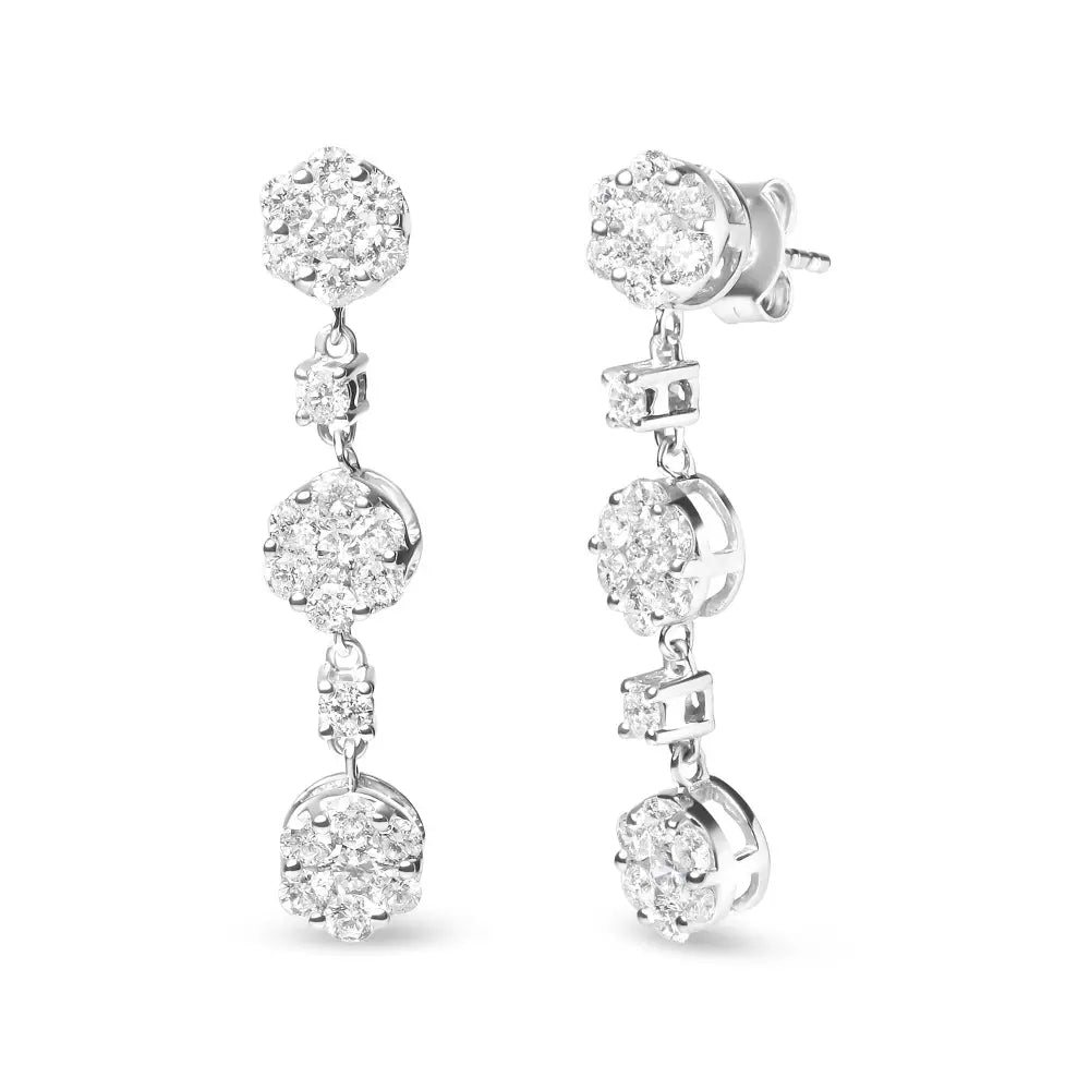 14k white gold 2.00 cttw diamond floral cluster drop earrings bijoux-nyc direct