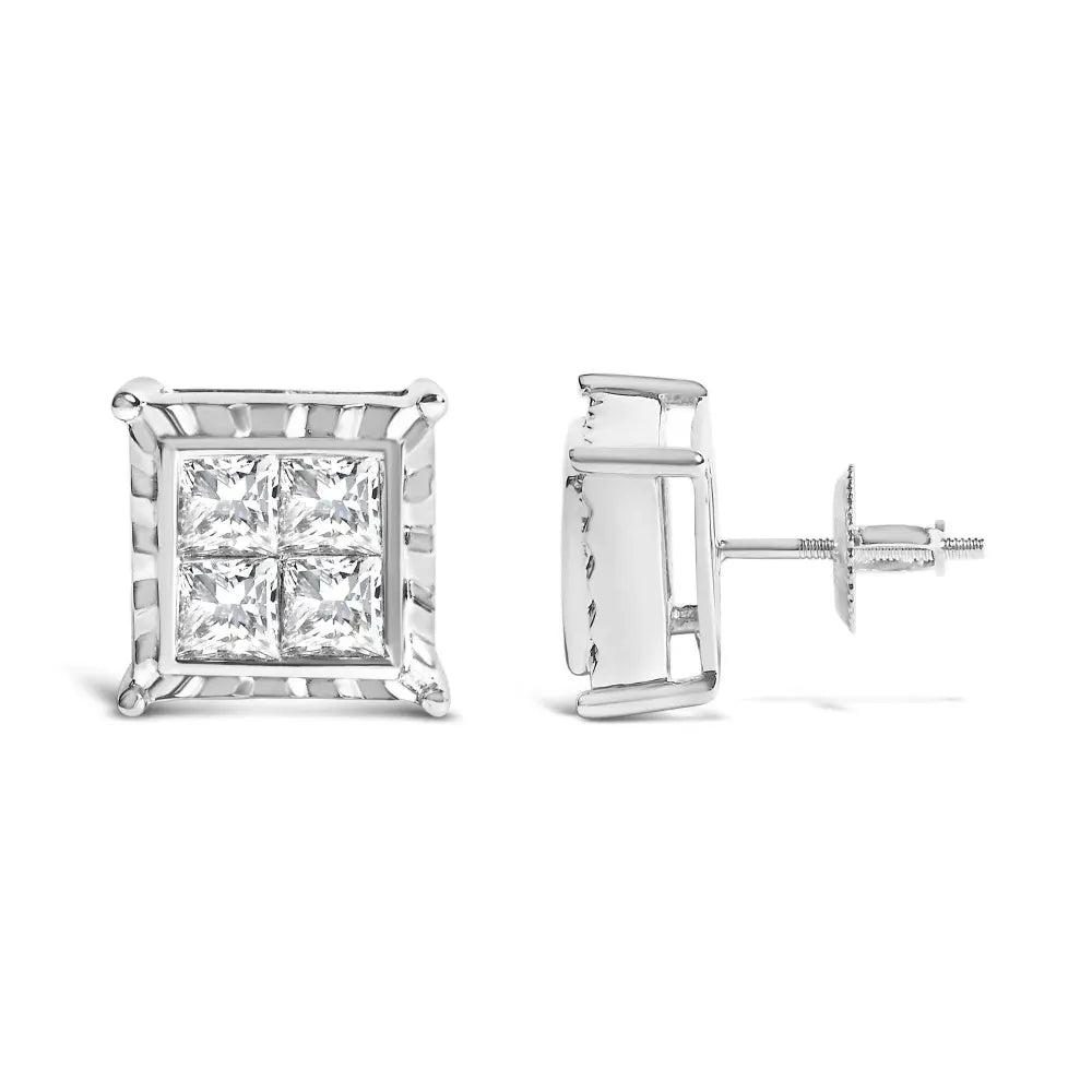 14K White Gold 2.00 Cttw Invisible Set Princess-Cut Lab Grown Diamond Wavy Quad Stud Earrings - Bijoux-NYC Direct