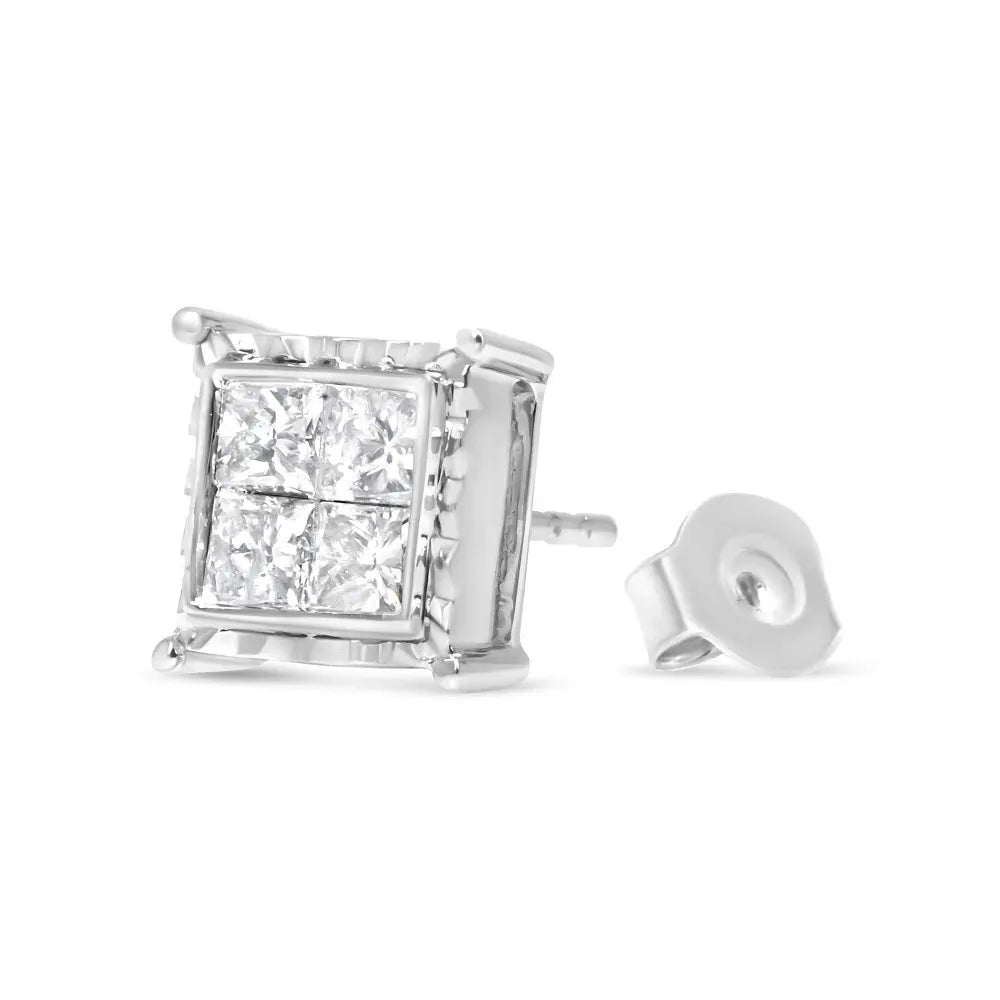 14K White Gold 2.00 Cttw Invisible Set Princess-Cut Lab Grown Diamond Wavy Quad Stud Earrings - Bijoux-NYC Direct