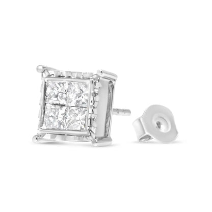 14K White Gold 2.00 Cttw Invisible Set Princess-Cut Lab Grown Diamond Wavy Quad Stud Earrings - Bijoux-NYC Direct
