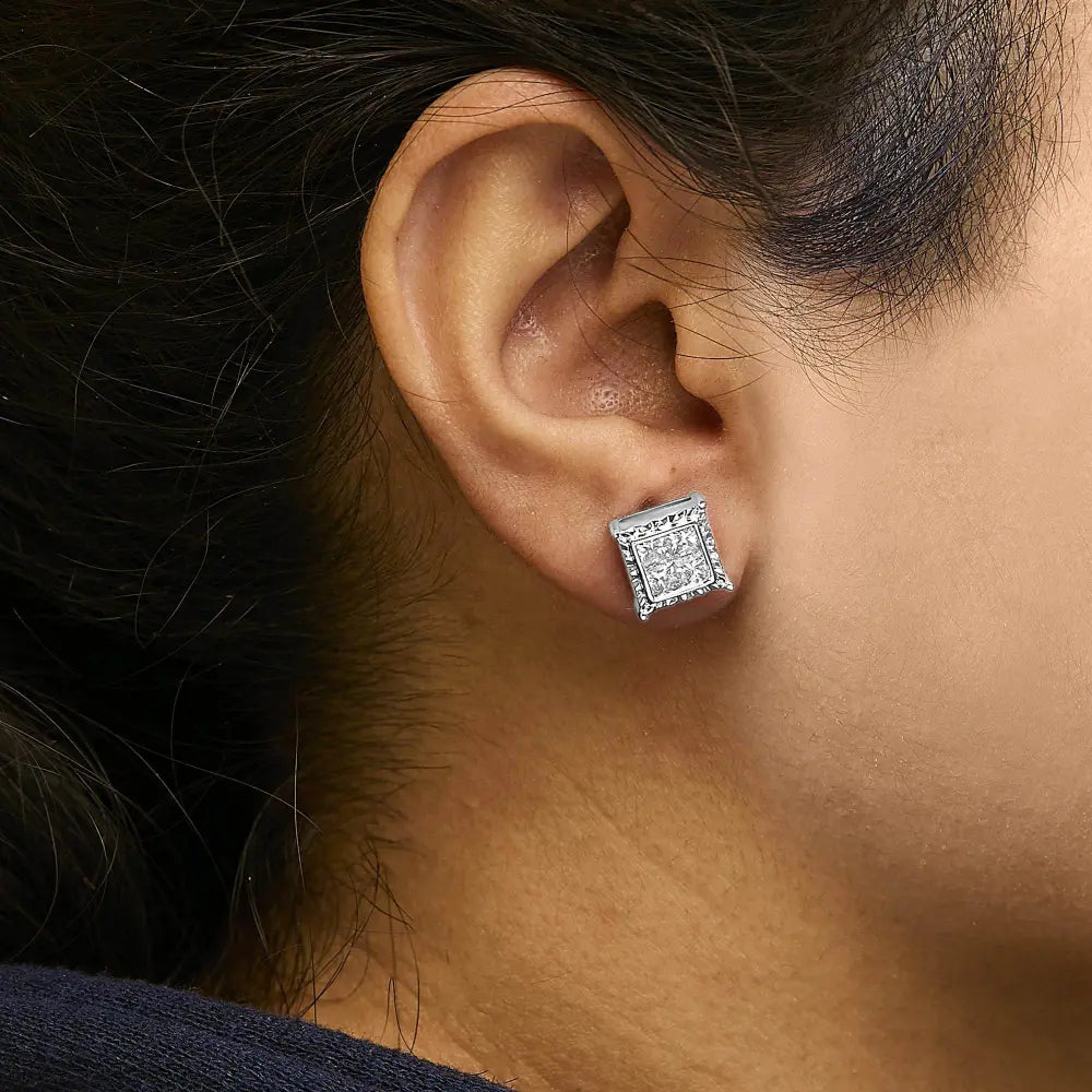 14K White Gold 2.00 Cttw Invisible Set Princess-Cut Lab Grown Diamond Wavy Quad Stud Earrings - Bijoux-NYC Direct