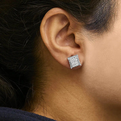 14K White Gold 2.00 Cttw Invisible Set Princess-Cut Lab Grown Diamond Wavy Quad Stud Earrings - Bijoux-NYC Direct