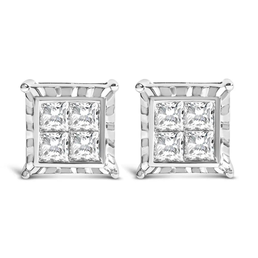 14K White Gold 2.00 Cttw Invisible Set Princess-Cut Lab Grown Diamond Wavy Quad Stud Earrings - Bijoux-NYC Direct