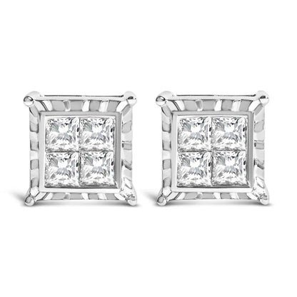 14K White Gold 2.00 Cttw Invisible Set Princess-Cut Lab Grown Diamond Wavy Quad Stud Earrings - Bijoux-NYC Direct