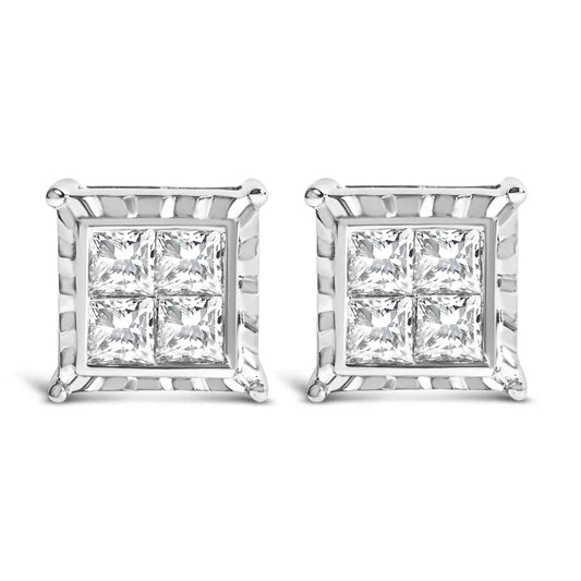 14K White Gold 2.00 Cttw Invisible Set Princess-Cut Lab Grown Diamond Wavy Quad Stud Earrings - Bijoux-NYC Direct