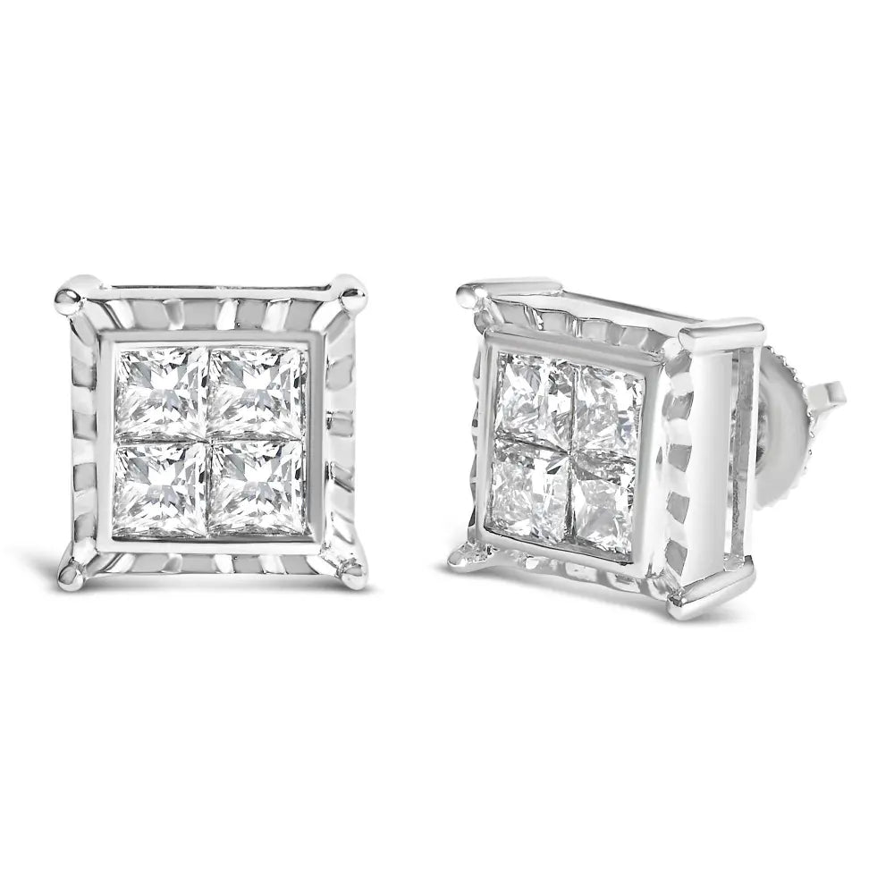 14K White Gold 2.00 Cttw Invisible Set Princess-Cut Lab Grown Diamond Wavy Quad Stud Earrings - Bijoux-NYC Direct