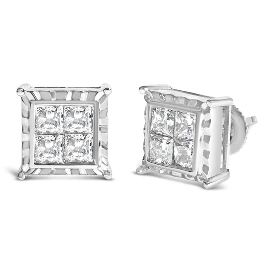 14K White Gold 2.00 Cttw Invisible Set Princess-Cut Lab Grown Diamond Wavy Quad Stud Earrings - Bijoux-NYC Direct