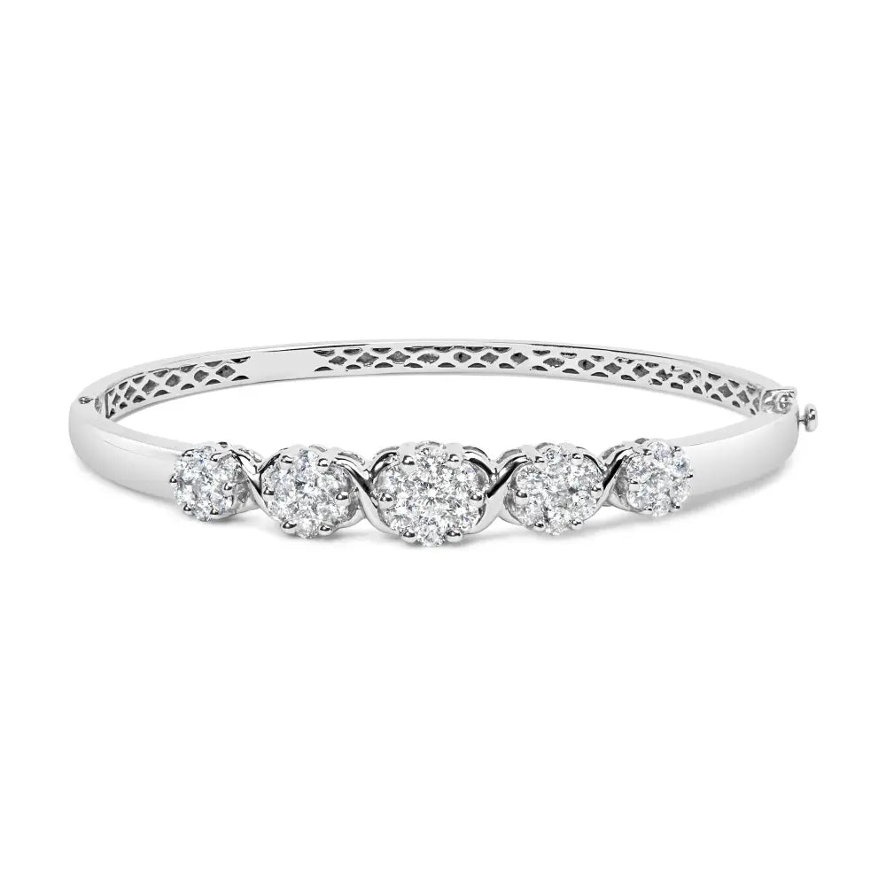 14k white gold 2 1/2 cttw diamond graduating floral cluster bangle bracelet (h i color si1 si2 clarity) fits wrists up to 7.25’’