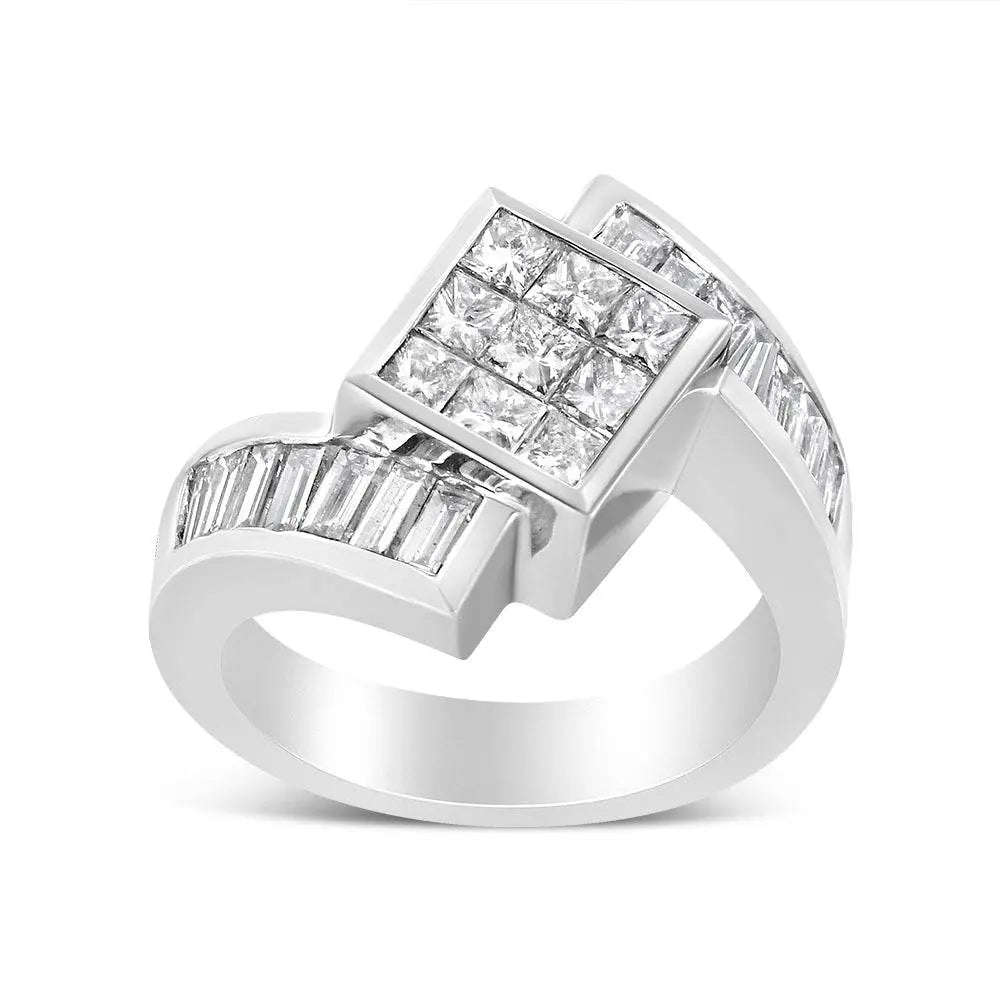 14K White Gold 2 1/5 Cttw Invisible-Set Princess and Channel-Set Baguette Diamond Bypass Kite-Set Ring (G-H Color, VS2-SI1 Clarity) - Bijoux-NYC Direct