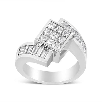 14K White Gold 2 1/5 Cttw Invisible-Set Princess and Channel-Set Baguette Diamond Bypass Kite-Set Ring (G-H Color, VS2-SI1 Clarity) - Bijoux-NYC Direct