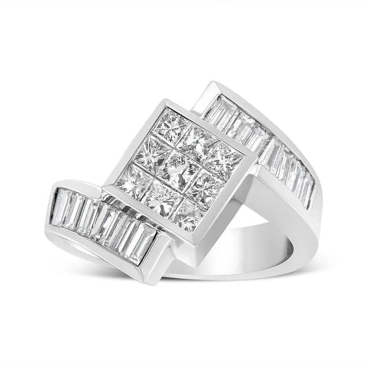 14K White Gold 2 1/5 Cttw Invisible-Set Princess and Channel-Set Baguette Diamond Bypass Kite-Set Ring (G-H Color, VS2-SI1 Clarity) - Bijoux-NYC Direct