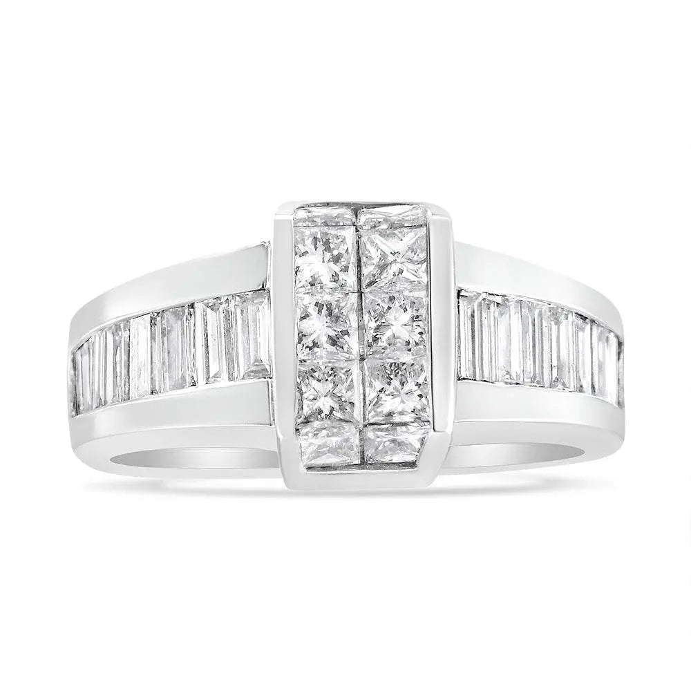 14K White Gold 2 3/4 Cttw Invisible-Set Princess and Channel-Set Baguette Diamond Step Up Cocktail Ring (G-H Color, SI1-SI2 Clarity) - Bijoux-NYC Direct