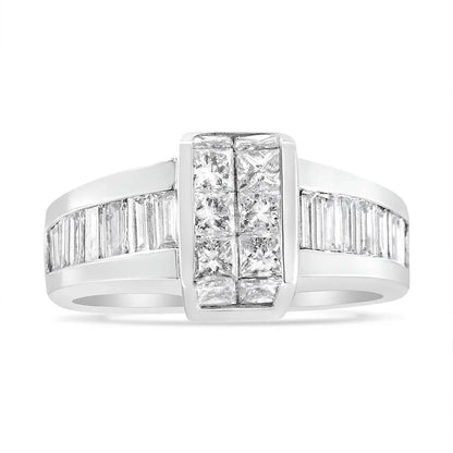14K White Gold 2 3/4 Cttw Invisible-Set Princess and Channel-Set Baguette Diamond Step Up Cocktail Ring (G-H Color, SI1-SI2 Clarity) - Bijoux-NYC Direct