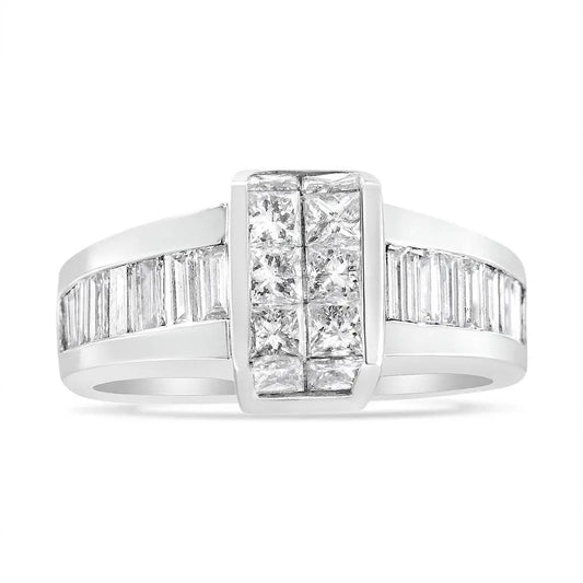 14K White Gold 2 3/4 Cttw Invisible-Set Princess and Channel-Set Baguette Diamond Step Up Cocktail Ring (G-H Color, SI1-SI2 Clarity) - Bijoux-NYC Direct