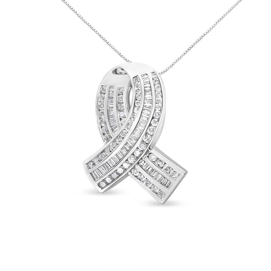 14K White Gold 2 5/8 Cttw Channel Set Round and Baguette Diamond Awareness Ribbon Pendant (H-I Color, I1-I2 Clarity) - Chain Not Included - Bijoux-NYC Direct