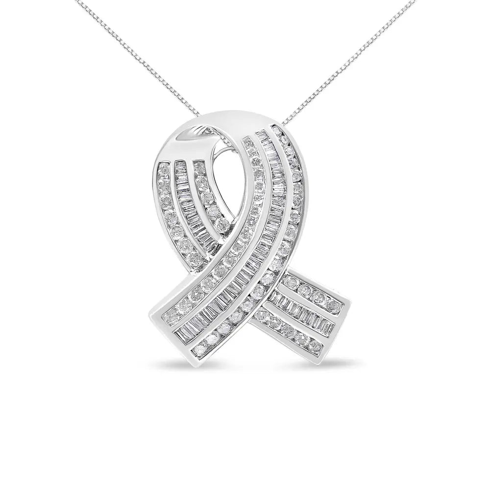 14K White Gold 2 5/8 Cttw Channel Set Round and Baguette Diamond Awareness Ribbon Pendant (H-I Color, I1-I2 Clarity) - Chain Not Included - Bijoux-NYC Direct