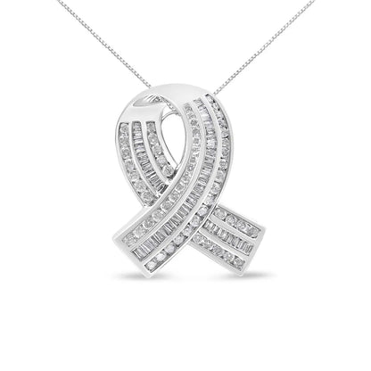 14K White Gold 2 5/8 Cttw Channel Set Round and Baguette Diamond Awareness Ribbon Pendant (H-I Color, I1-I2 Clarity) - Chain Not Included - Bijoux-NYC Direct