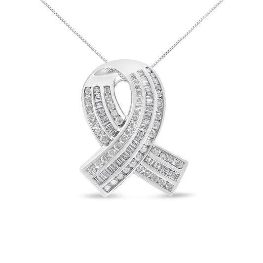 14K White Gold 2 5/8 Cttw Channel Set Round and Baguette Diamond Awareness Ribbon Pendant (H-I Color, I1-I2 Clarity) - Chain Not Included - Bijoux-NYC Direct