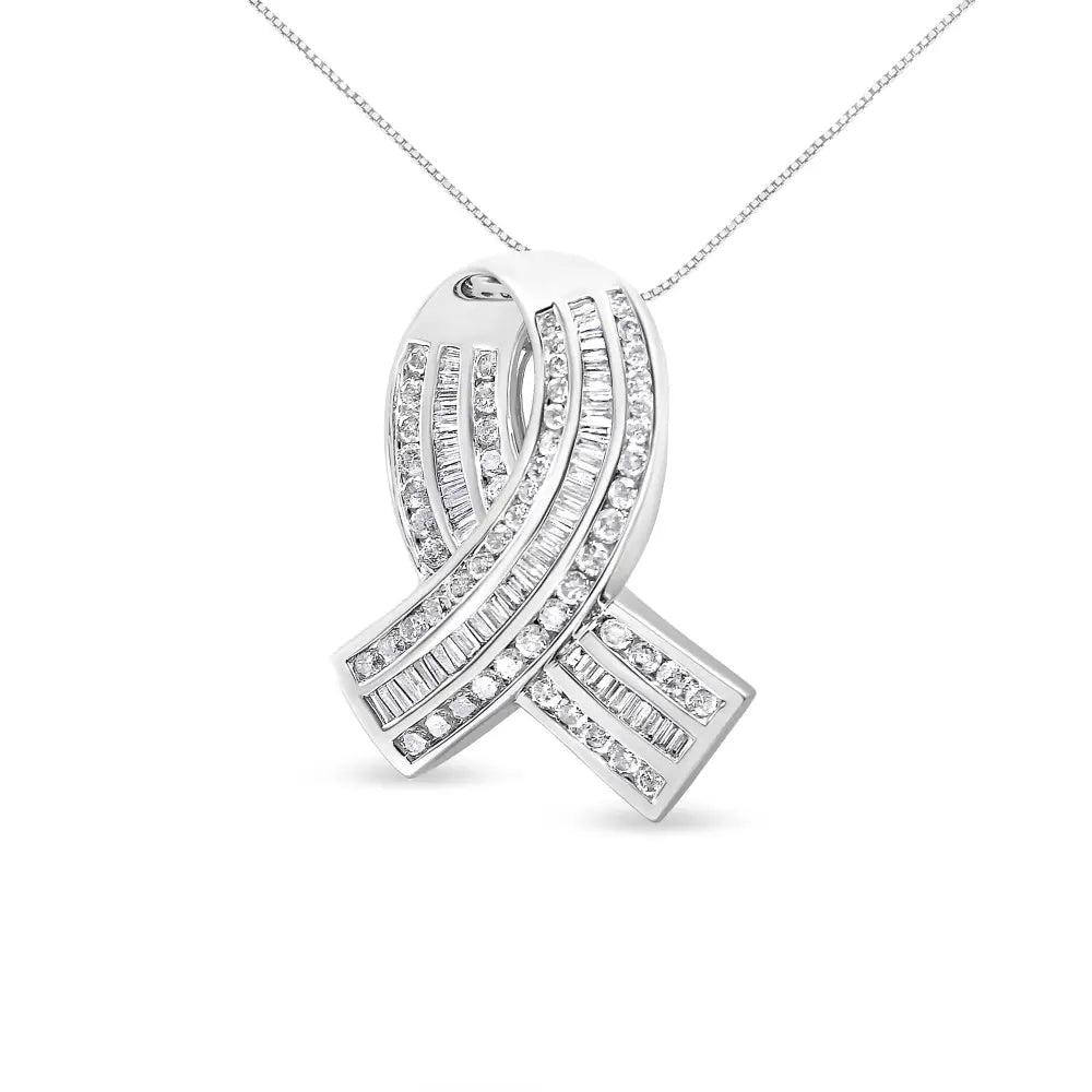 14k white gold 2 5/8 cttw round and baguette diamond awareness ribbon pendant bijoux-nyc direct