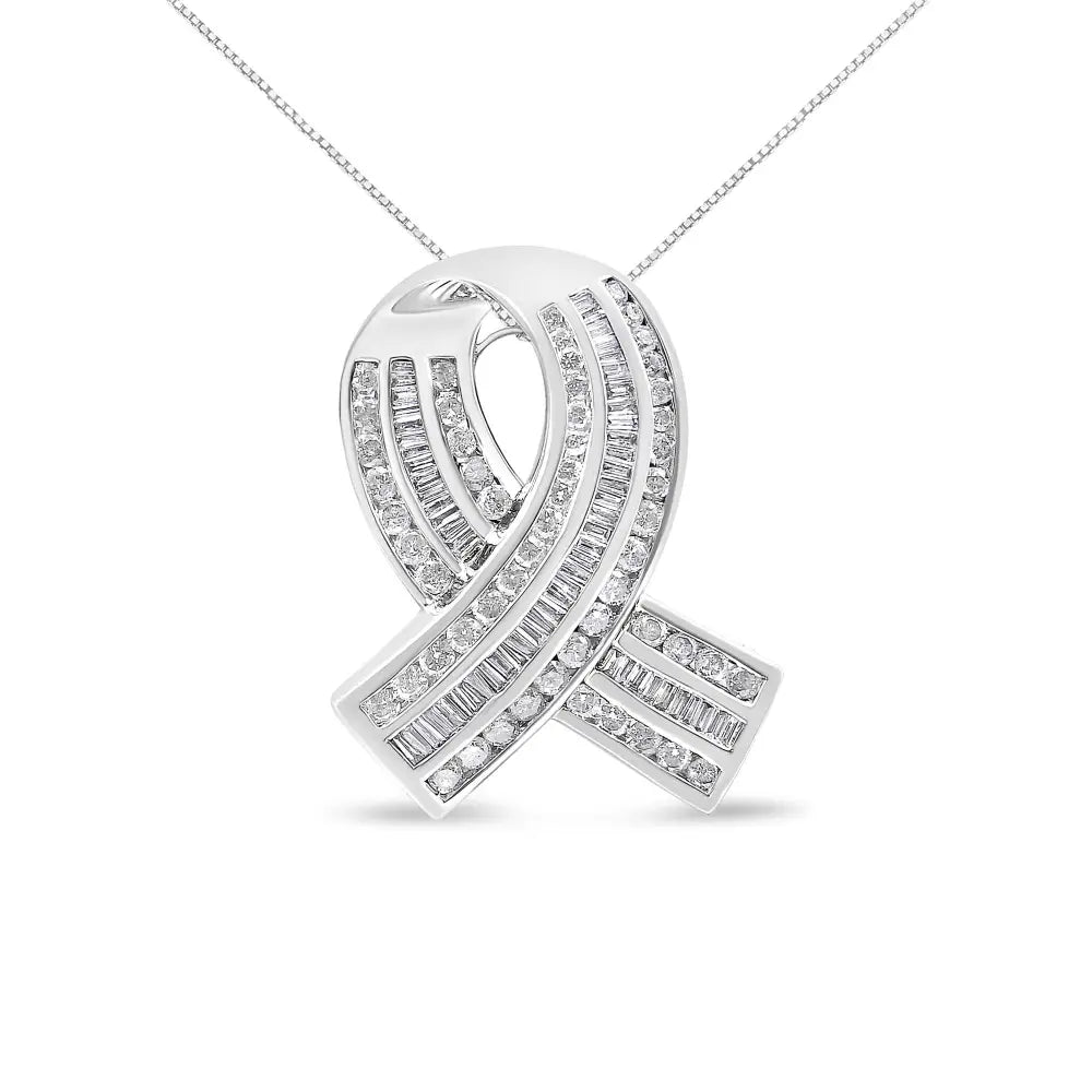 14k white gold 2 5/8 cttw round and baguette diamond awareness ribbon pendant bijoux-nyc direct