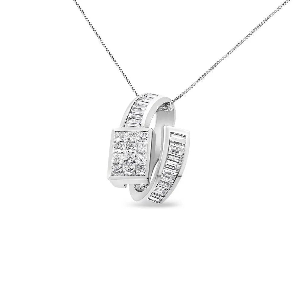 14K White Gold 2 cttw Princess and Baguette Cut Diamond Double Loop Pendant Necklace (G-H, VS1-VS2) - Bijoux-NYC Direct