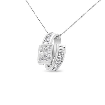 14K White Gold 2 cttw Princess and Baguette Cut Diamond Double Loop Pendant Necklace (G-H, VS1-VS2) - Bijoux-NYC Direct