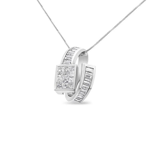 14K White Gold 2 cttw Princess and Baguette Cut Diamond Double Loop Pendant Necklace (G-H, VS1-VS2) - Bijoux-NYC Direct