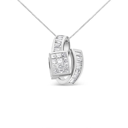 14K White Gold 2 cttw Princess and Baguette Cut Diamond Double Loop Pendant Necklace (G-H, VS1-VS2) - Bijoux-NYC Direct