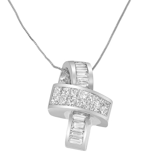 14K White Gold 2 cttw Princess and Baguette Cut Diamond Ribbon Pendant Necklace (H-I, SI-SI2) - Bijoux-NYC Direct