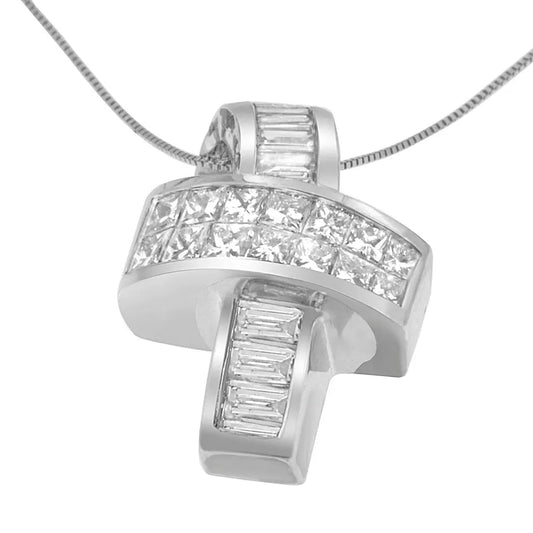 14K White Gold 2 cttw Princess and Baguette Cut Diamond Ribbon Pendant Necklace (H-I, SI-SI2) - Bijoux-NYC Direct
