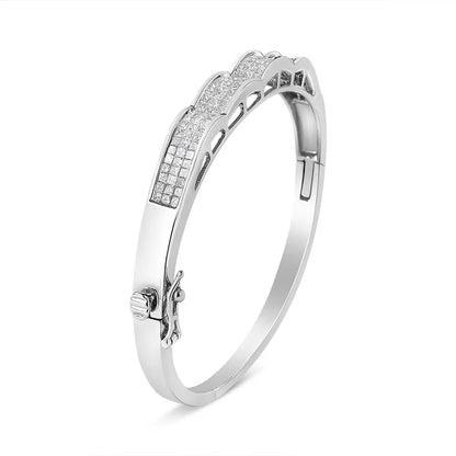 14K White Gold 3 1/3 Cttw Invisible Set Princess-Cut Diamond Wave Bangle Bracelet (H-I Color, SI1-SI2 Clarity) - Size 7" - Bijoux-NYC Direct