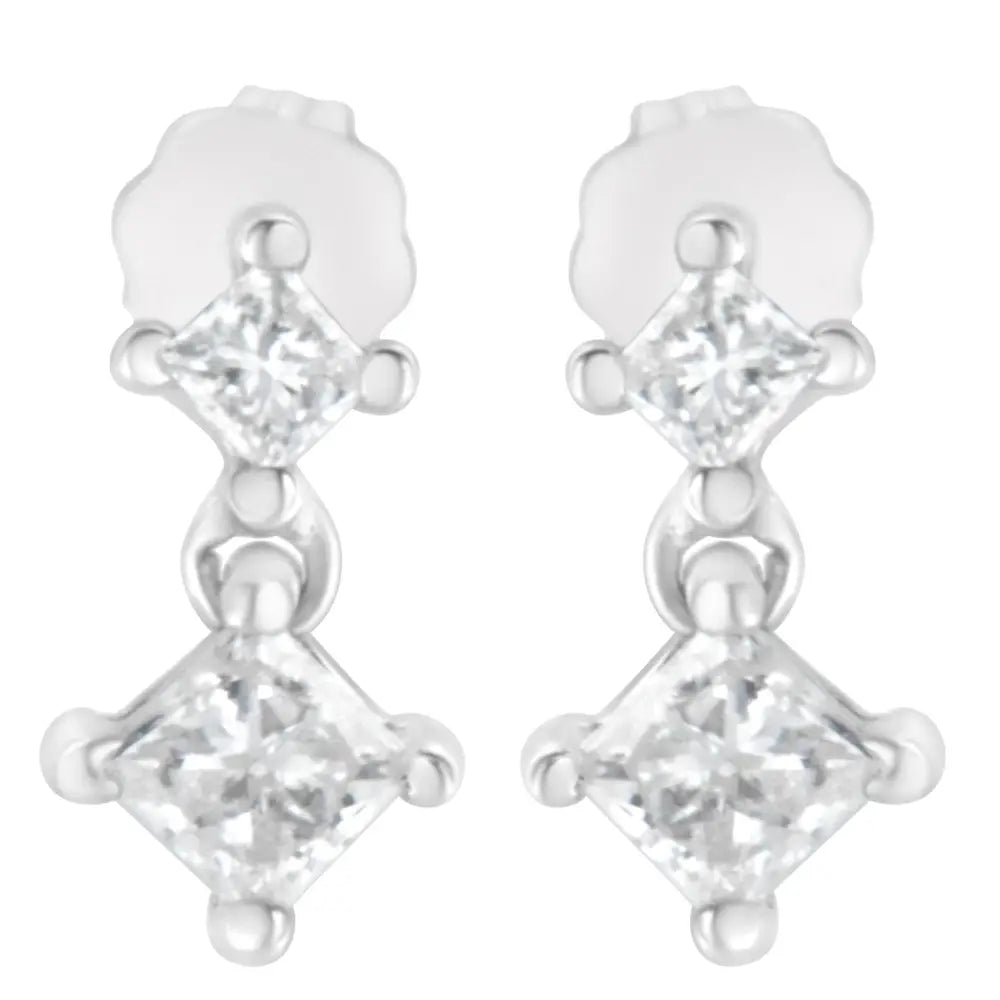 14k white gold 3/4 cttw princess cut double diamond stud earrings bijoux-nyc direct