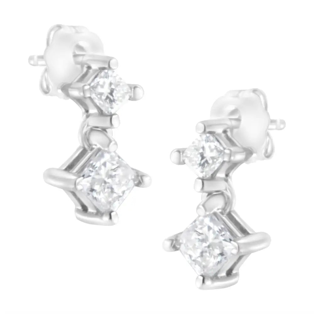14k white gold 3/4 cttw princess cut double diamond stud earrings bijoux-nyc direct