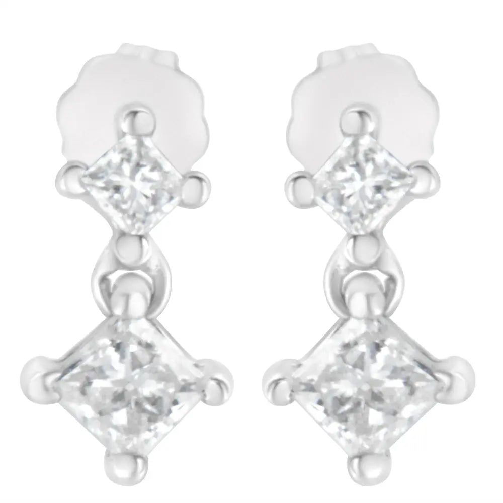 14K White Gold 3/4 cttw Double Diamond Princess-Cut Stud Earrings (I-J Clarity, I2-I3 Color) - Bijoux-NYC Direct