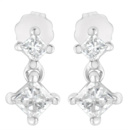 14K White Gold 3/4 cttw Double Diamond Princess-Cut Stud Earrings (I-J Clarity, I2-I3 Color) - Bijoux-NYC Direct