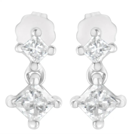 14K White Gold 3/4 cttw Double Diamond Princess-Cut Stud Earrings (I-J Clarity, I2-I3 Color) - Bijoux-NYC Direct