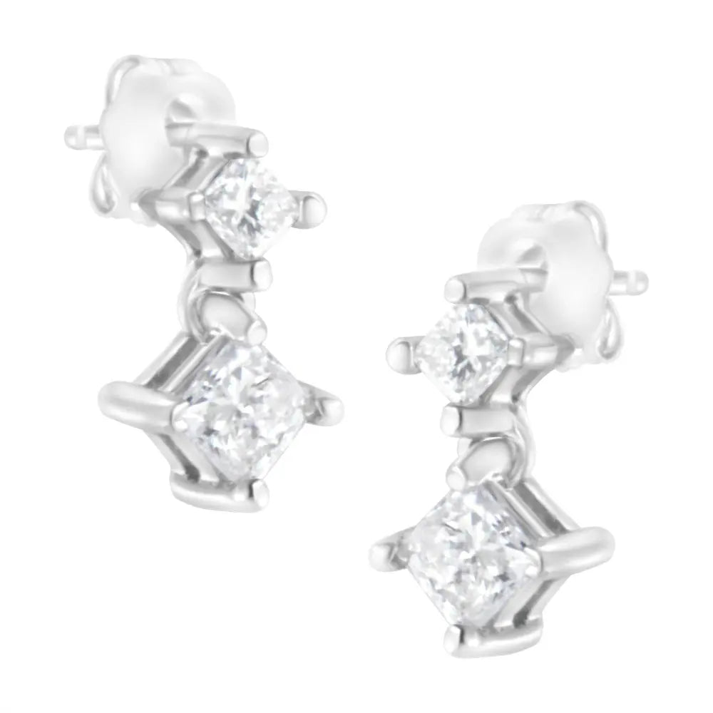 14K White Gold 3/4 cttw Double Diamond Princess-Cut Stud Earrings (I-J Clarity, I2-I3 Color) - Bijoux-NYC Direct