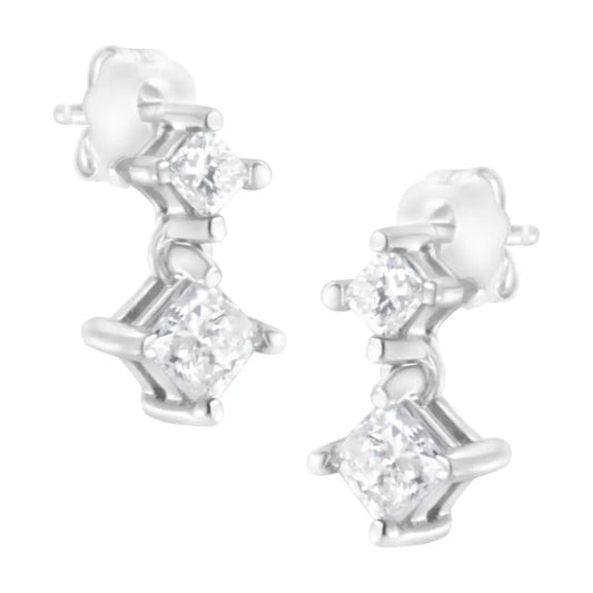 14K White Gold 3/4 cttw Double Diamond Princess-Cut Stud Earrings (I-J Clarity, I2-I3 Color) - Bijoux-NYC Direct