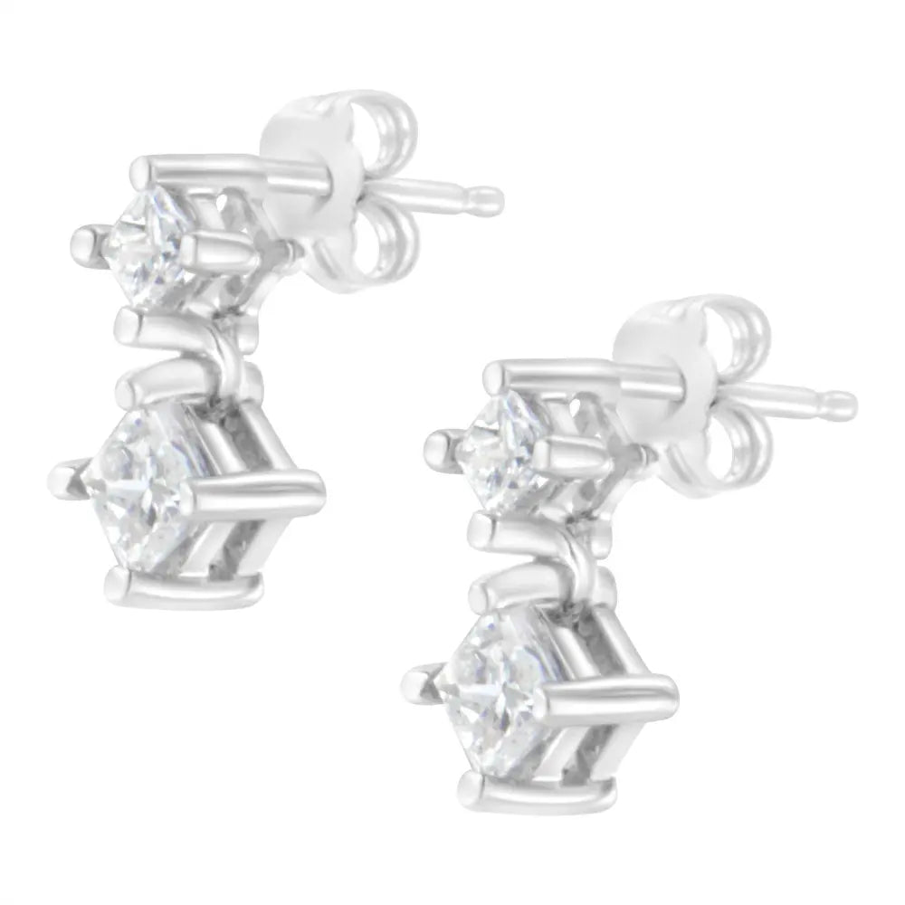 14K White Gold 3/4 cttw Double Diamond Princess-Cut Stud Earrings (I-J Clarity, I2-I3 Color) - Bijoux-NYC Direct