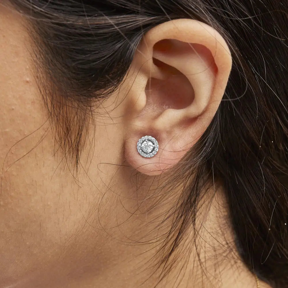 14k white gold 3/4 cttw lab grown diamond round halo stud earrings bijoux-nyc direct