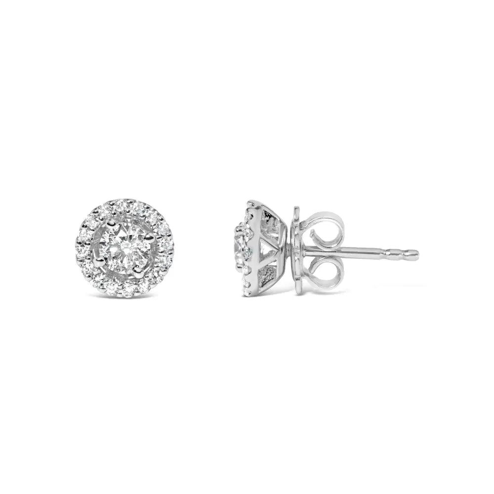14k white gold 3/4 cttw lab grown diamond round halo stud earrings bijoux-nyc direct