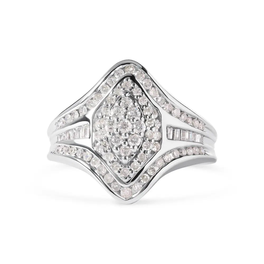 14K White Gold 3/4 Cttw Round and Baguette cut Diamond Cluster Ring (H-I Color, I1-I2 Clarity) - Bijoux-NYC Direct