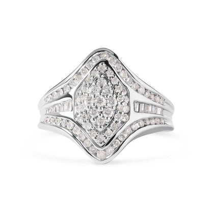 14K White Gold 3/4 Cttw Round and Baguette cut Diamond Cluster Ring (H-I Color, I1-I2 Clarity) - Bijoux-NYC Direct