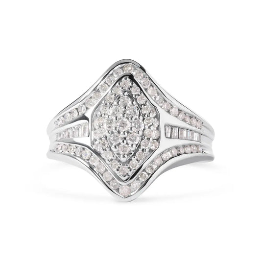 14K White Gold 3/4 Cttw Round and Baguette cut Diamond Cluster Ring (H-I Color, I1-I2 Clarity) - Bijoux-NYC Direct
